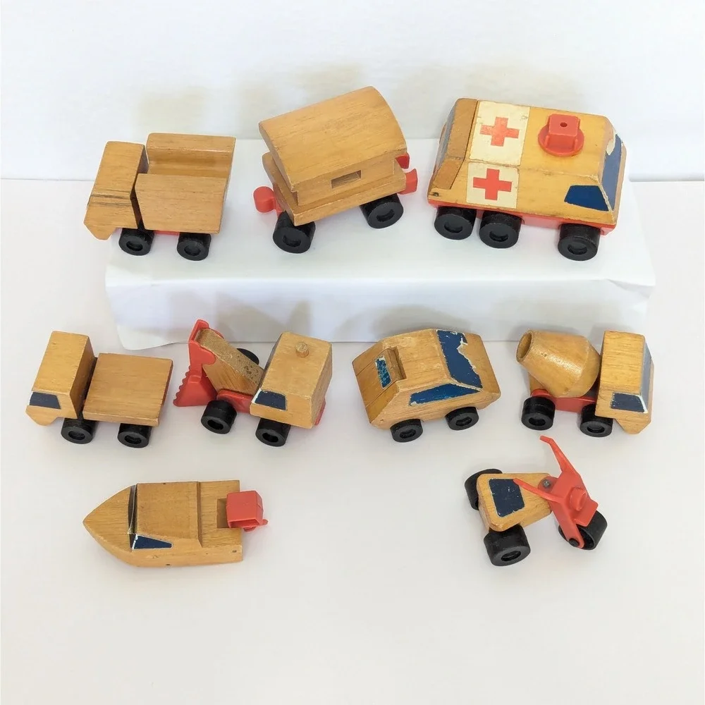 Vtg Lot of 9 Mattel Putt-putt Wood Toy Vehicles Truck Ambulance Boat Car Train